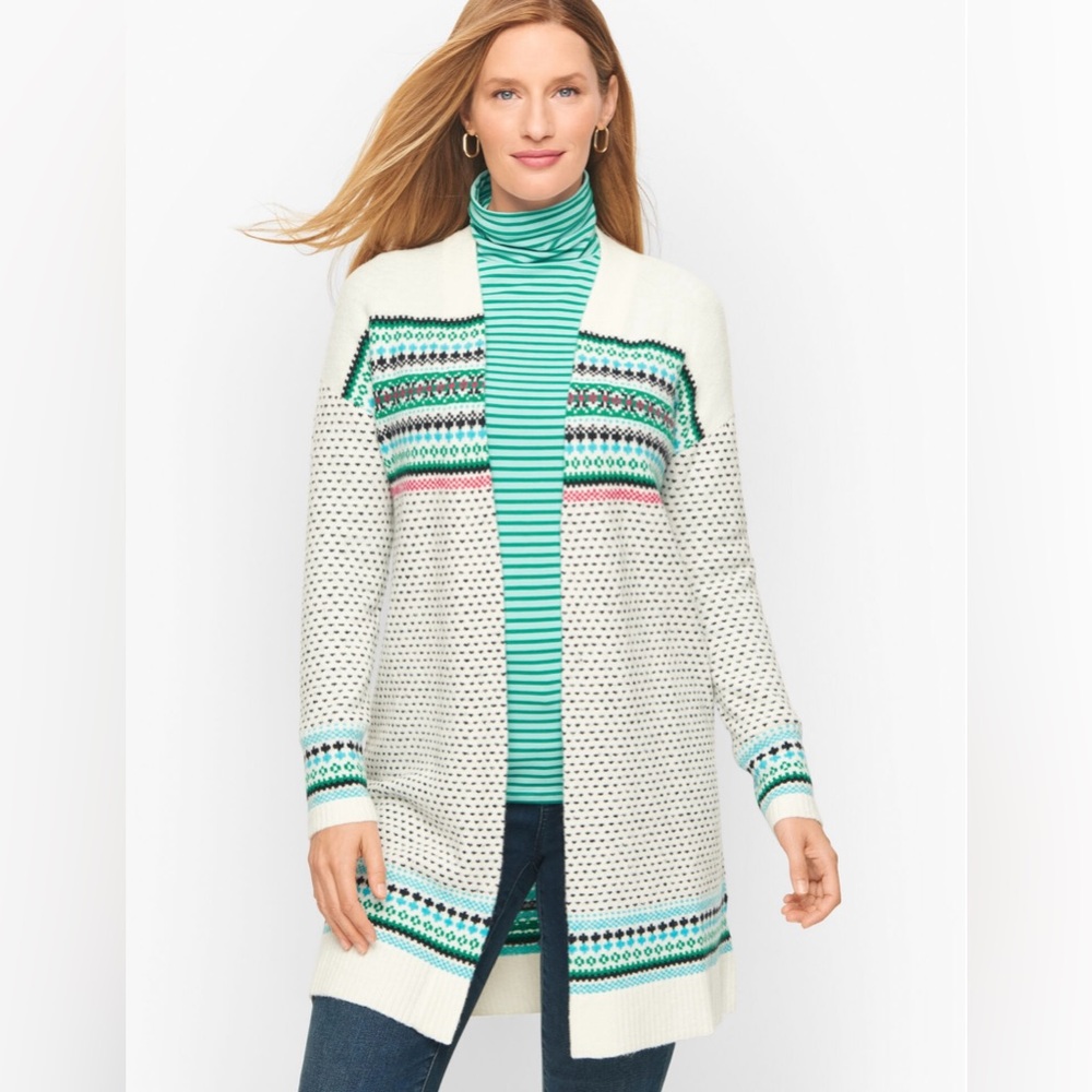 TALBOTS Breton Fair Isle Cardigan Sweater Long Tunic Open Front Ivory Green Pink